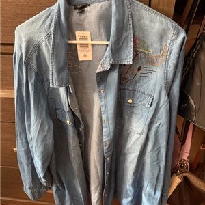 torrid Light Blue Embroidered Denim Snap-Shirt